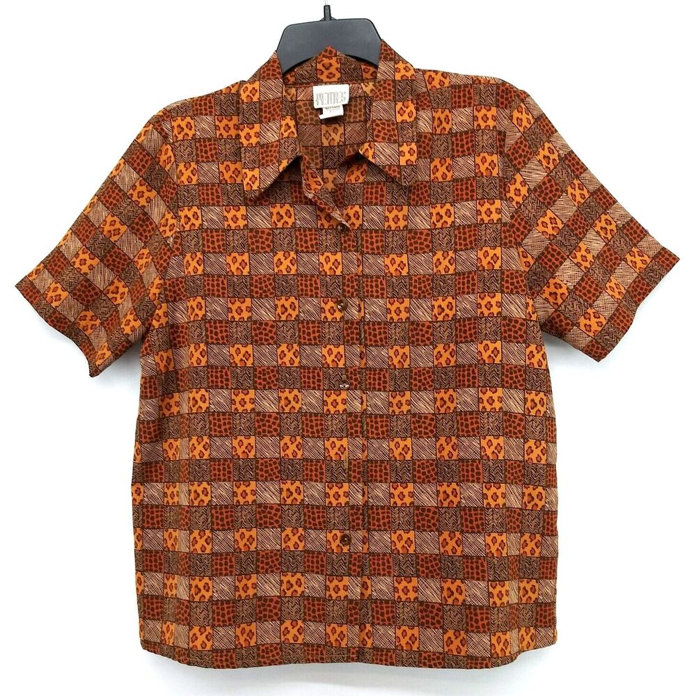 Just for Petites Shirt Women Size 12P Orange Plaid Short Sleeve Button Up Blouse